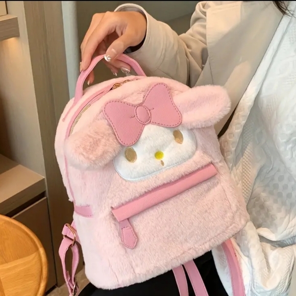 NWT! Sanrio My Melody Pink Plush Embroidered Double Zipper Mini Backpack - Picture 3 of 7